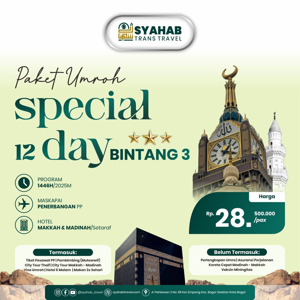 HARGA PAKET UMROH 12 DAY HOTEL BINTANG 3 PT SYAHAB TRANS TRAVEL